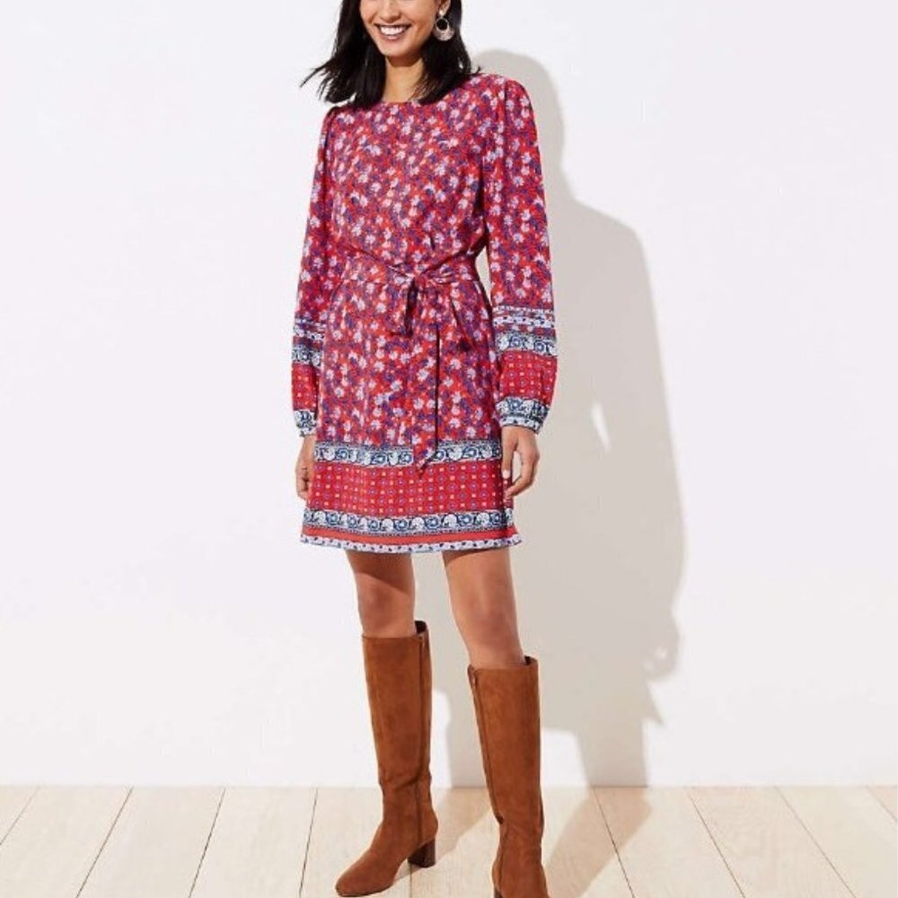Loft Women's Border Floral Tie Waist Dress - SP